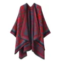 Knit open front poncho cape, red grey abstract patterned stylish warm outerwear winter shawl. - Grid Pattern Red