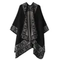 Winter women's black knitted cape shawl with elegant grey geometric pattern open front design. - Large Lattice Border - Black & Grey