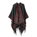 Bohemian ethnic style knitted cape shawl with geometric tribal patterns and fringe hem. - Triangle Tassel - Cyan Green
