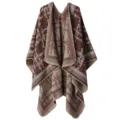 Detailed view of the brown autumn winter plaid wool-feel poncho cape, cozy textured fabric. - Grid Plaid - Jujube Red