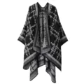 Women autumn winter black grey plaid knit cape shawl open front poncho warm cozy coat outerwear - Tic-Tac-Toe Plaid Black