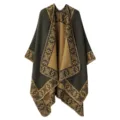 Close-up detail view of winter women cashmere feel cape geometric border pattern dark green - Large Lattice Border - Grass Green Yellow