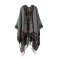 Boheemse etnische stijl gebreide poncho cape met geometrisch patroon en franjes voor dames. - Driehoekige kwastjes - Grijs