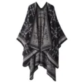 Women's autumn winter knit poncho cape, imitation cashmere shawl with stylish stripe border. - Grid Plaid - Navy Blue