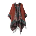 Boho tribal style geometric woven poncho cape shawl detail view with fringe trim fashion. - Triangle Tassel - Orange Red