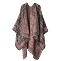 Detail view of the autumn winter plaid imitation cashmere cloak shawl open front cozy outerwear. - Grid Pattern Pink