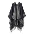 Bohemian geometric pattern fringed poncho detail shot, stylish blue and grey cape. - Triangle Tassels - Navy Blue