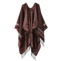 Bohemian geometric knit poncho cape shawl with fringe stylish tribal wrap sweater outer wear - Triangle Tassel - Brick Red