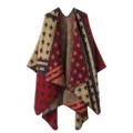 Detailed view of the winter ethnic style reversible cashmere-like poncho shawl with vintage star pattern. - Five-pointed Star Pattern