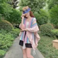 Boho knit shawl cardigan with fringe tassel and colorful wave pattern for women daily wear - Pink