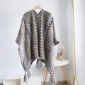 Autumn winter ethnic mohair shawl women tassel cape outer wear vintage knitted poncho scarf. - Gray