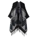 Poncho franges motif géométrique femme automne hiver châle chaud imitation cachemire - Motif à losanges et franges - Bleu noir
