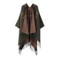 Châle poncho à franges motif géométrique pour femme cape ouverte avant rétro manteau chaud - Croix en losanges à franges - Vert olive