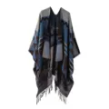 Detailed view of women's autumn winter tassel geometric pattern cozy warm imitation cashmere cape shawl. - Diamond Pattern with Tassels - Gray Blue