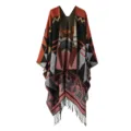 Geometric pattern knit shawl detail, ethnic style cape with fringe tassel trim, cozy winter wear. - Argyle Tassels - Orange-Red