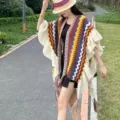 Ethnic style knitted shawl with fringe, geometric wavy striped cape for women autumn winter. - Brown