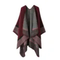 Detailed view of women winter plaid imitation cashmere shawl cloak hem texture close up - Burgundy