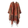 Autumn winter women tassel plaid poncho knitted cape scarf detailed view with warm colors. - Coral