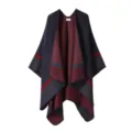 Casual winter women warm reversible plaid poncho cape stylish outer wear shawl scarf - Navy Blue