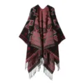 Detail view of ethnic geometric knit poncho with fringe, stylish autumn winter cape scarf. - Triangle Rhombus Tassel - Black Red