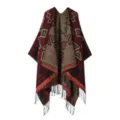 Poncho cape a franges style ethnique, motif geometrique retro et chaud pour femmes. - Franges à losanges triangulaires - rouge jujube