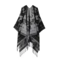 Women ethnic style knit cape detail, black white geometric pattern shawl with tassel hem. - Triangle Rhombus Tassel - Black Grey