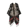 Femme ethnique imprimé géométrique poncho élégant ouvert devant châle d'hiver cape - Losanges triangulaires à franges - Noir et kaki