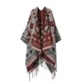 Detailed view of women's ethnic geometric patterned tassel poncho shawl, cozy autumn outerwear. - Triangle Rhombus Tassel - Grey Red
