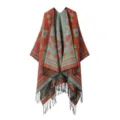 Femme ethnique géométrique frange cape châle chaud confortable ouvert devant poncho - Losanges triangulaires à franges - Orange et bleu