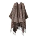 Women ethnic style tassel poncho geometric pattern warm winter cape shawl cloak detail - Triangle Rhombus Tassel - Brown Pink