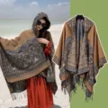 Brown faux cashmere hooded cape shawl with floral pattern, fringe and split hem style. - Robe / 150*130cm / Floral Abundance Camel