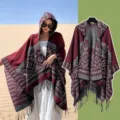 Cape châle en tricot à capuche bohème avec franges, poncho d'hiver chaud pour voyage de femmes. - Peignoir / 150*130cm / Fleurs Épanouies Bordeaux