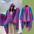 Hooded Cashmere-Feel Knit Poncho Bohemian Floral Tassel Cape Winter Warm Travel Shawl - Robe / 150*130cm / Floral Dark Cyan