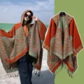 Cape à capuche en imitation cachemire avec franges, motif floral ethnique, châle chaud pour femmes. - Peignoir / 150*130cm / Fleurs Épanouies Orange