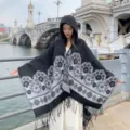 Women ethnic style hooded poncho shawl black floral tassel warm cashmere feel winter cape - Black