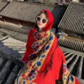 Ethnic style hooded cloak, thick warm cashmere-feel women shawl for travel and daily wear outdoor. - Red