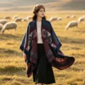 Chale cape en tricot style ethnique pour femmes, vêtement chaud confortable pour voyage. - Totem Bleu Marine