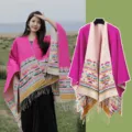 Women ethnic style poncho cape warm winter knitted tassel shawl blanket cloak outerwear - Ethnic Style with Tassels - Pink