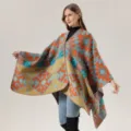 Poncho cape en tricot géométrique ethnique pour femmes, grand châle élégant pour voyage et loisirs. - Motif de losanges ethniques - Orange et bleu