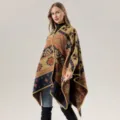 Cape châle en tricot style ethnique, poncho à imprimé géométrique confortable pour femmes. - Bloc de couleurs petit triangle - kaki