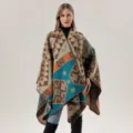 Poncho cape en tricot style ethnique pour femme, élégant motif géométrique châle tribal d'hiver. - Motif de losanges ethniques - Kaki