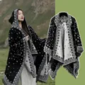 Ethnischer Kapuzenstern Umhang Damen warme Winter Reise Boho Fransen Poncho Stilvolle Oberbekleidung - Oberteile / Sternenschwarz