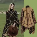Donna mantella con cappuccio a quadri inverno caldo poncho casual cappotto scialle morbido - Top / 150*130cm / Grandi Quadri Caffè