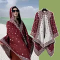 Ethnischer Kapuzenstern Umhang Damen Winter warmer Vintage Poncho Schal Reise Outwear - Oberteile / Sternenklar Weinrot