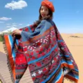 Damen ethnischer Stil geometrischer Druck warmer Umhang Quasten Decke Schal Herbst Mode - Bunte Geometrie - Graublau