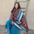 Damen ethnisches geometrisches muster warme winter poncho schal oberbekleidung blaue hosen - Bunte Geometrie - Orange-Braun