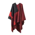 Damen Winter warmer Strick Poncho Umhang, rot schwarz karo ethnischer Stil Umhang Schal. - Colorblock-Schachbrettmuster - Rot