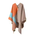 Damen Herbst Winter Strick Cape Farbblock stilvoll geometrisch Poncho gemütliche Oberbekleidung - Colorblock-Schachbrettmuster - Orange