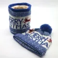 Set di berretto in maglia di Natale e scaldacollo foderato in pile con cervo blu. - Taglia unica / Blu