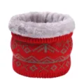 Red winter knitted fleece lined neck warmer, cozy snowflake pattern thick thermal infinity scarf - Red